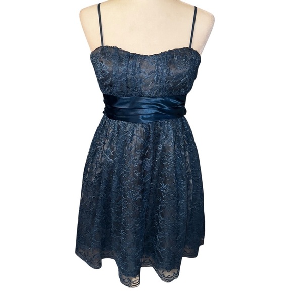 Trixxi Blue Lace Overlay Dress Satin Wrap Bow Belted Y2K Fairy Flirty Cute - Picture 1 of 13